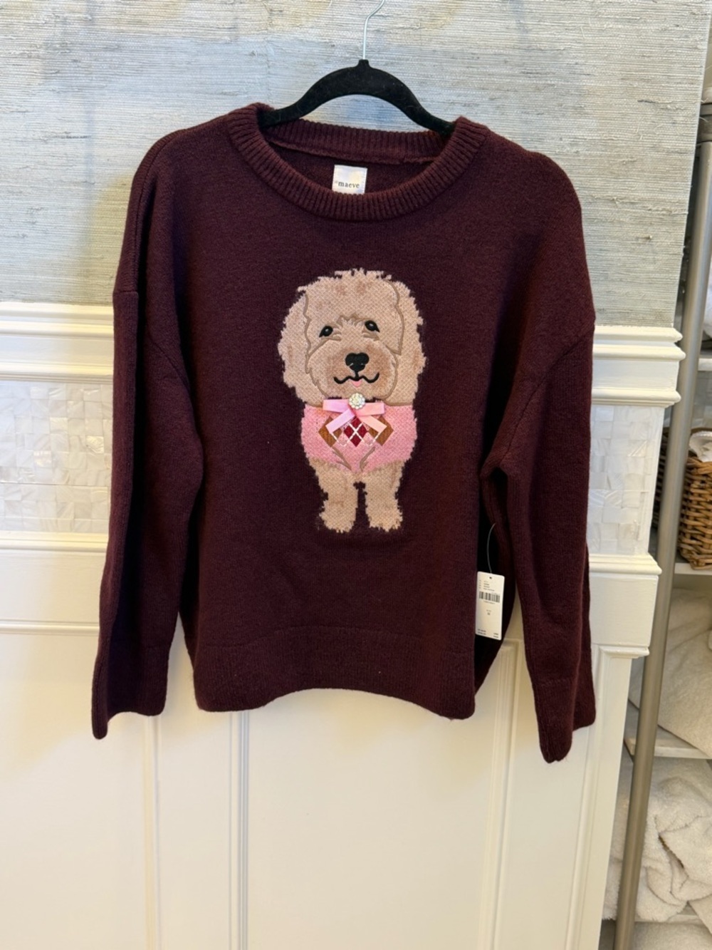 NWT new medium Anthropologie dog Crewneck Sweater wine lab burgundy - Picture 3 of 17